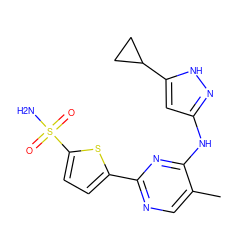 Cc1cnc(-c2ccc(S(N)(=O)=O)s2)nc1Nc1cc(C2CC2)[nH]n1 ZINC000115372315