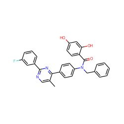 Cc1cnc(-c2cccc(F)c2)nc1-c1ccc(N(Cc2ccccc2)C(=O)c2ccc(O)cc2O)cc1 ZINC000653763571