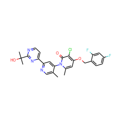 Cc1cnc(-c2ccnc(C(C)(C)O)n2)cc1-n1c(C)cc(OCc2ccc(F)cc2F)c(Cl)c1=O ZINC000168347448