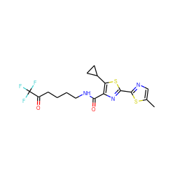 Cc1cnc(-c2nc(C(=O)NCCCCC(=O)C(F)(F)F)c(C3CC3)s2)s1 ZINC000653706688