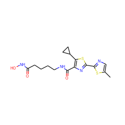 Cc1cnc(-c2nc(C(=O)NCCCCC(=O)NO)c(C3CC3)s2)s1 ZINC000147369902