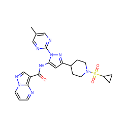 Cc1cnc(-n2nc(C3CCN(S(=O)(=O)C4CC4)CC3)cc2NC(=O)c2cnn3cccnc23)nc1 ZINC000142424284