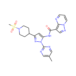 Cc1cnc(-n2nc(C3CCN(S(C)(=O)=O)CC3)cc2NC(=O)c2cnn3cccnc23)nc1 ZINC000204750080