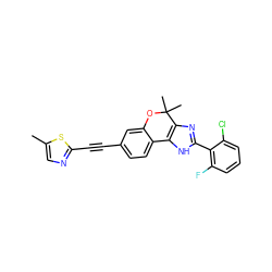 Cc1cnc(C#Cc2ccc3c(c2)OC(C)(C)c2nc(-c4c(F)cccc4Cl)[nH]c2-3)s1 ZINC000147880491