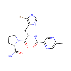 Cc1cnc(C(=O)N[C@@H](Cc2nc[nH]c2Br)C(=O)N2CCC[C@H]2C(N)=O)cn1 ZINC000473088670