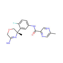 Cc1cnc(C(=O)Nc2ccc(F)c([C@@]3(C)COCC(N)=N3)c2)cn1 ZINC000113660918