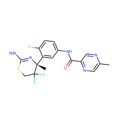 Cc1cnc(C(=O)Nc2ccc(F)c([C@@]3(C)N=C(N)SCC3(F)F)c2)cn1 ZINC000146628613