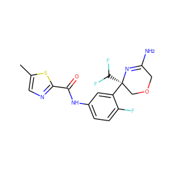 Cc1cnc(C(=O)Nc2ccc(F)c([C@]3(C(F)F)COCC(N)=N3)c2)s1 ZINC000113657836