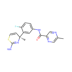 Cc1cnc(C(=O)Nc2ccc(F)c([C@]3(C)C=CSC(N)=N3)c2)cn1 ZINC000139581267