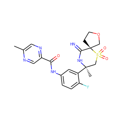 Cc1cnc(C(=O)Nc2ccc(F)c([C@]3(C)CS(=O)(=O)[C@]4(CCOC4)C(=N)N3)c2)cn1 ZINC000147258438