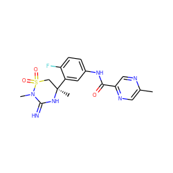 Cc1cnc(C(=O)Nc2ccc(F)c([C@]3(C)CS(=O)(=O)N(C)C(=N)N3)c2)cn1 ZINC000144544302