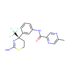 Cc1cnc(C(=O)Nc2cccc([C@]3(C(F)(F)F)CCSC(N)=N3)c2)cn1 ZINC000147105772