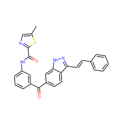 Cc1cnc(C(=O)Nc2cccc(C(=O)c3ccc4c(/C=C/c5ccccc5)n[nH]c4c3)c2)s1 ZINC000059672401