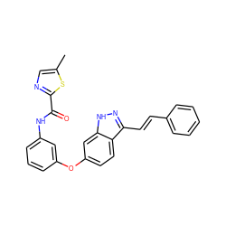 Cc1cnc(C(=O)Nc2cccc(Oc3ccc4c(/C=C/c5ccccc5)n[nH]c4c3)c2)s1 ZINC000197971249