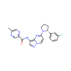 Cc1cnc(C(=O)Nc2cnn3ccc(N4CCC[C@@H]4c4cccc(F)c4)nc23)cn1 ZINC000118399212