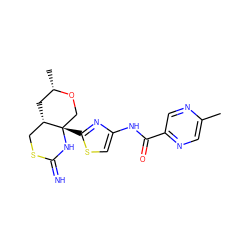 Cc1cnc(C(=O)Nc2csc([C@]34CO[C@@H](C)C[C@H]3CSC(=N)N4)n2)cn1 ZINC001772571378