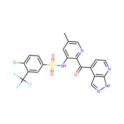 Cc1cnc(C(=O)c2ccnc3[nH]ncc23)c(NS(=O)(=O)c2ccc(Cl)c(C(F)(F)F)c2)c1 ZINC000113245515