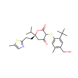 Cc1cnc(CC[C@]2(C(C)C)CC(=O)C(Sc3cc(C)c(CO)cc3C(C)(C)C)C(=O)O2)s1 ZINC000026390532