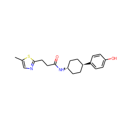 Cc1cnc(CCC(=O)N[C@H]2CC[C@H](c3ccc(O)cc3)CC2)s1 ZINC000253656805