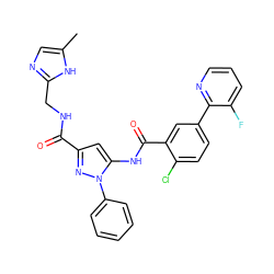 Cc1cnc(CNC(=O)c2cc(NC(=O)c3cc(-c4ncccc4F)ccc3Cl)n(-c3ccccc3)n2)[nH]1 ZINC001772653427