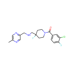 Cc1cnc(CNCC2(F)CCN(C(=O)c3ccc(F)c(Cl)c3)CC2)cn1 ZINC000028711624