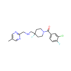 Cc1cnc(CNCC2(F)CCN(C(=O)c3ccc(F)c(Cl)c3)CC2)nc1 ZINC000028711625