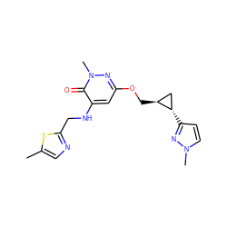 Cc1cnc(CNc2cc(OC[C@H]3C[C@@H]3c3ccn(C)n3)nn(C)c2=O)s1 ZINC000217642877