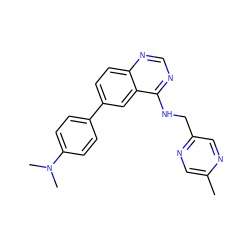 Cc1cnc(CNc2ncnc3ccc(-c4ccc(N(C)C)cc4)cc23)cn1 ZINC000004258335