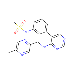 Cc1cnc(CNc2ncncc2-c2cccc(NS(C)(=O)=O)c2)cn1 ZINC000004257392