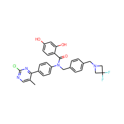 Cc1cnc(Cl)nc1-c1ccc(N(Cc2ccc(CN3CC(F)(F)C3)cc2)C(=O)c2ccc(O)cc2O)cc1 ZINC000653762379