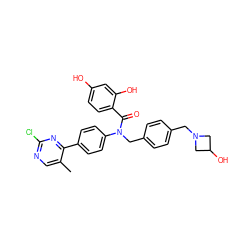 Cc1cnc(Cl)nc1-c1ccc(N(Cc2ccc(CN3CC(O)C3)cc2)C(=O)c2ccc(O)cc2O)cc1 ZINC000653757392