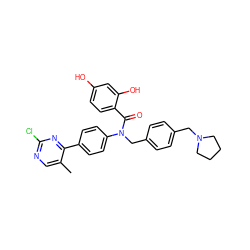 Cc1cnc(Cl)nc1-c1ccc(N(Cc2ccc(CN3CCCC3)cc2)C(=O)c2ccc(O)cc2O)cc1 ZINC000584905463