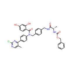 Cc1cnc(Cl)nc1-c1ccc(N(Cc2ccc(CNC(=O)[C@H](C)NC(=O)OCc3ccccc3)cc2)C(=O)c2ccc(O)cc2O)cc1 ZINC000653778402