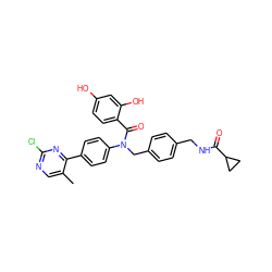 Cc1cnc(Cl)nc1-c1ccc(N(Cc2ccc(CNC(=O)C3CC3)cc2)C(=O)c2ccc(O)cc2O)cc1 ZINC000653768962