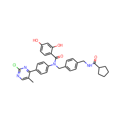 Cc1cnc(Cl)nc1-c1ccc(N(Cc2ccc(CNC(=O)C3CCCC3)cc2)C(=O)c2ccc(O)cc2O)cc1 ZINC000653778396