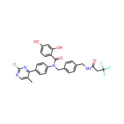 Cc1cnc(Cl)nc1-c1ccc(N(Cc2ccc(CNC(=O)CC(F)(F)F)cc2)C(=O)c2ccc(O)cc2O)cc1 ZINC000653768971