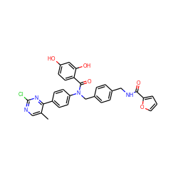 Cc1cnc(Cl)nc1-c1ccc(N(Cc2ccc(CNC(=O)c3ccco3)cc2)C(=O)c2ccc(O)cc2O)cc1 ZINC000653673699