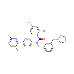 Cc1cnc(Cl)nc1-c1ccc(N(Cc2cccc(CN3CCCC3)c2)C(=O)c2ccc(O)cc2O)cc1 ZINC000653767511