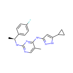 Cc1cnc(N[C@@H](C)c2ccc(F)cc2)nc1Nc1cc(C2CC2)[nH]n1 ZINC000040848260