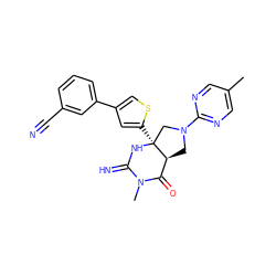 Cc1cnc(N2C[C@H]3C(=O)N(C)C(=N)N[C@@]3(c3cc(-c4cccc(C#N)c4)cs3)C2)nc1 ZINC000095577065