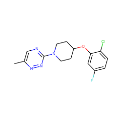 Cc1cnc(N2CCC(Oc3cc(F)ccc3Cl)CC2)nn1 ZINC000165438832