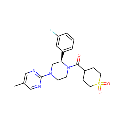 Cc1cnc(N2CCN(C(=O)C3CCS(=O)(=O)CC3)[C@H](c3cccc(F)c3)C2)nc1 ZINC001772606928