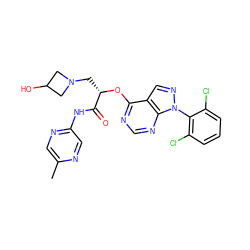 Cc1cnc(NC(=O)[C@H](CN2CC(O)C2)Oc2ncnc3c2cnn3-c2c(Cl)cccc2Cl)cn1 ZINC000114685202