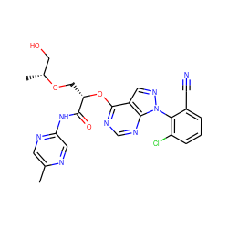 Cc1cnc(NC(=O)[C@H](CO[C@H](C)CO)Oc2ncnc3c2cnn3-c2c(Cl)cccc2C#N)cn1 ZINC000114686257