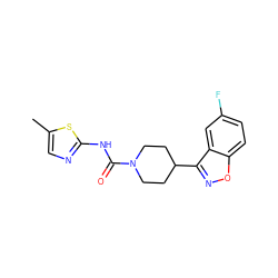 Cc1cnc(NC(=O)N2CCC(c3noc4ccc(F)cc34)CC2)s1 ZINC000218635679