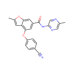 Cc1cnc(NC(=O)c2cc(Oc3ccc(C#N)cc3)c3cc(C)oc3c2)cn1 ZINC000169329198