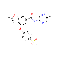 Cc1cnc(NC(=O)c2cc(Oc3ccc(S(C)(=O)=O)cc3)c3cc(C)oc3c2)cn1 ZINC000169329197