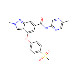 Cc1cnc(NC(=O)c2cc(Oc3ccc(S(C)(=O)=O)cc3)c3cn(C)nc3c2)cn1 ZINC000095559593