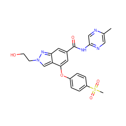 Cc1cnc(NC(=O)c2cc(Oc3ccc(S(C)(=O)=O)cc3)c3cn(CCO)nc3c2)cn1 ZINC000095560699