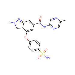 Cc1cnc(NC(=O)c2cc(Oc3ccc(S(N)(=O)=O)cc3)c3cn(C)nc3c2)cn1 ZINC000095563401